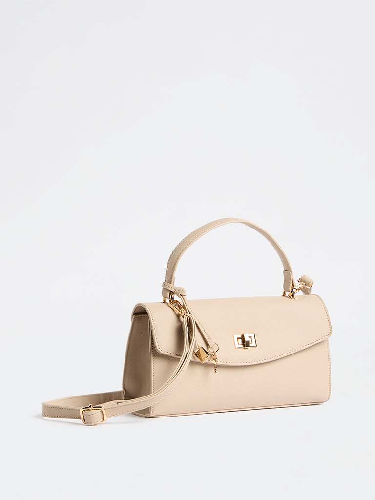 Westside Beige Textured Turn-Lock Crossbody Sling Bag