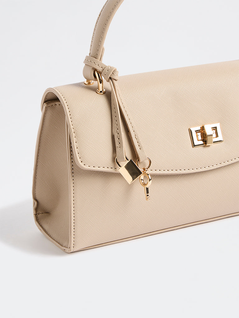 Westside Beige Textured Turn-Lock Crossbody Sling Bag