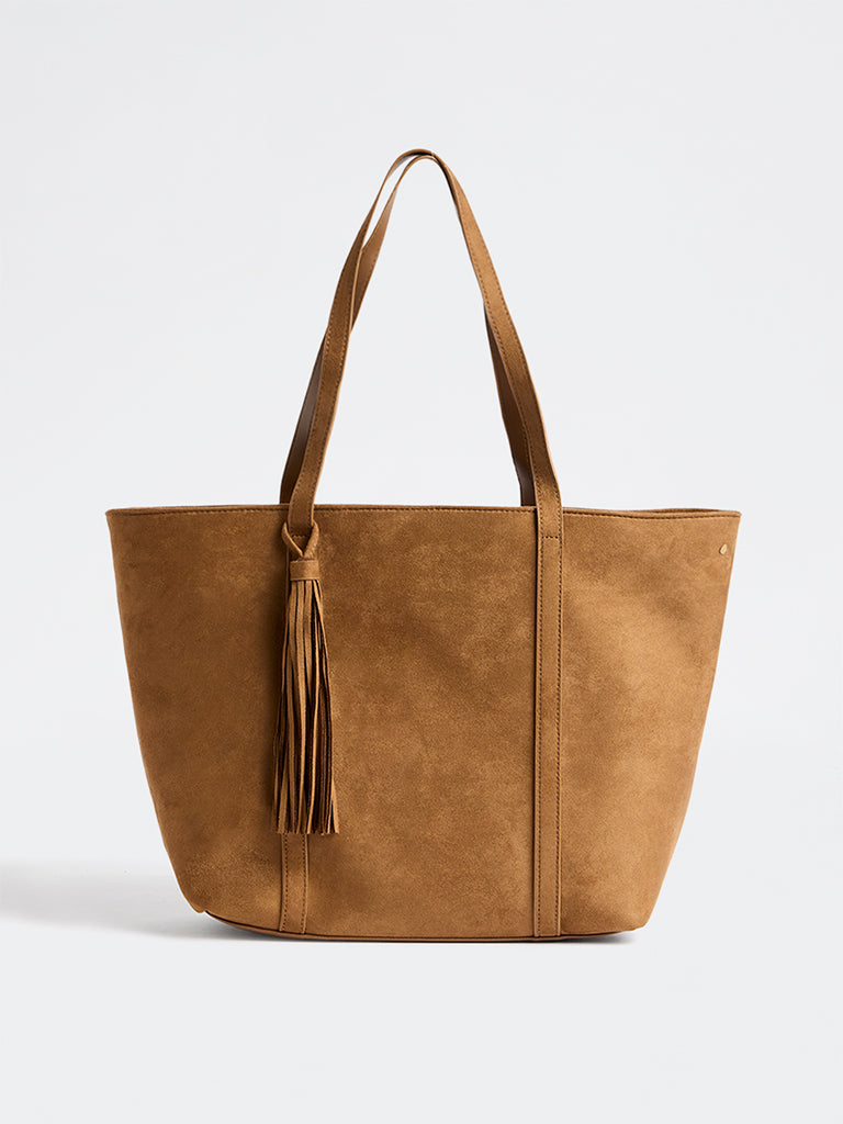 Westside Tan Tassel-Detail Suede Work Tote Bag