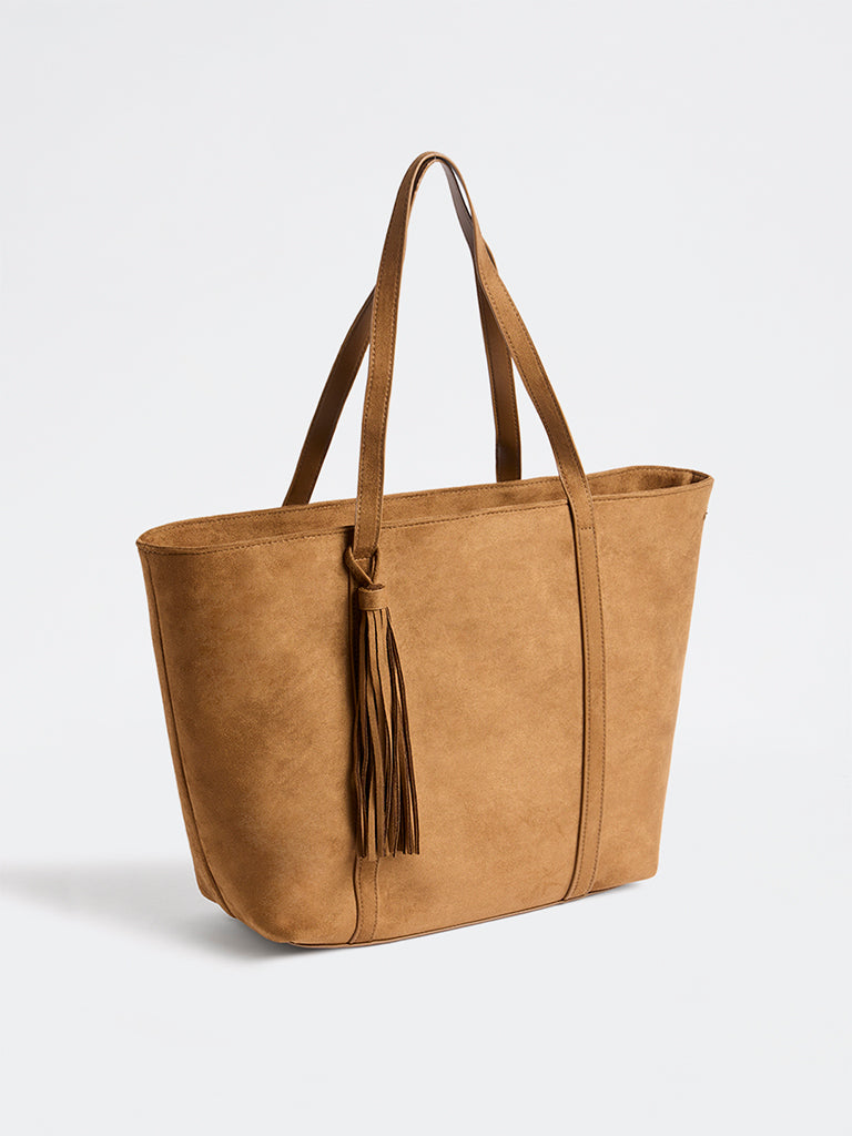 Westside Tan Tassel-Detail Suede Work Tote Bag