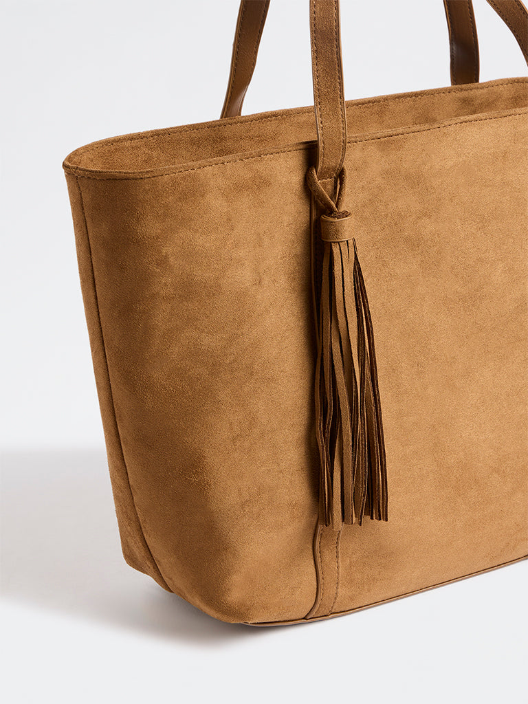Westside Tan Tassel-Detail Suede Work Tote Bag
