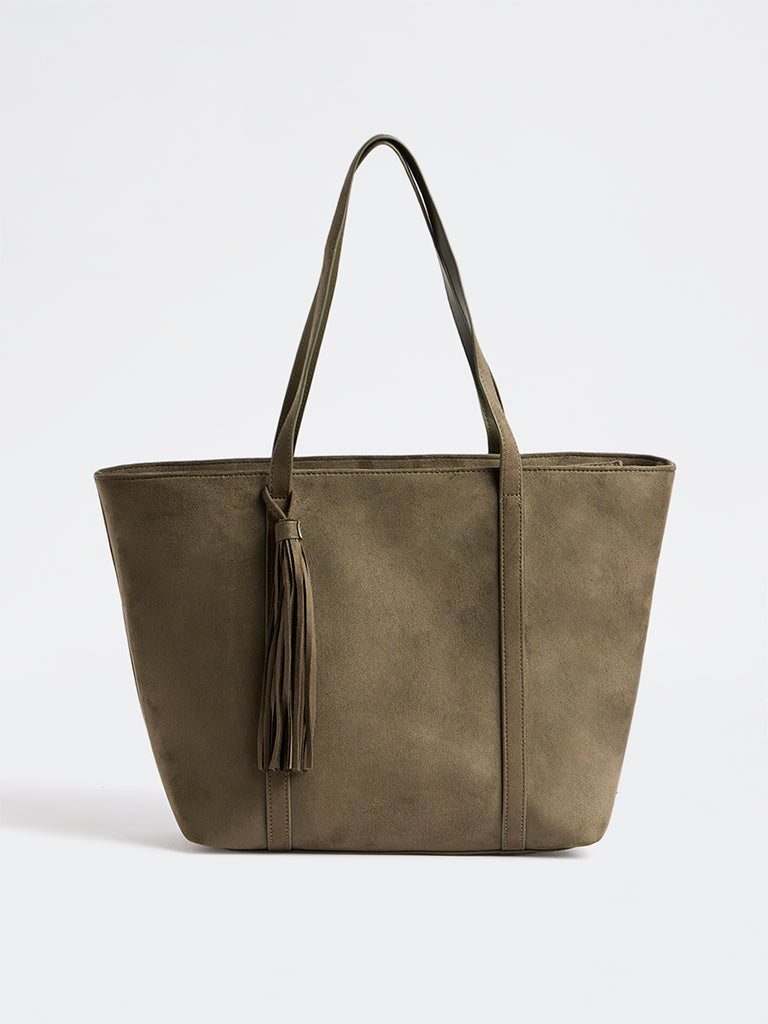 Westside Dark Olive Tassel-Detail Suede Work Tote Bag