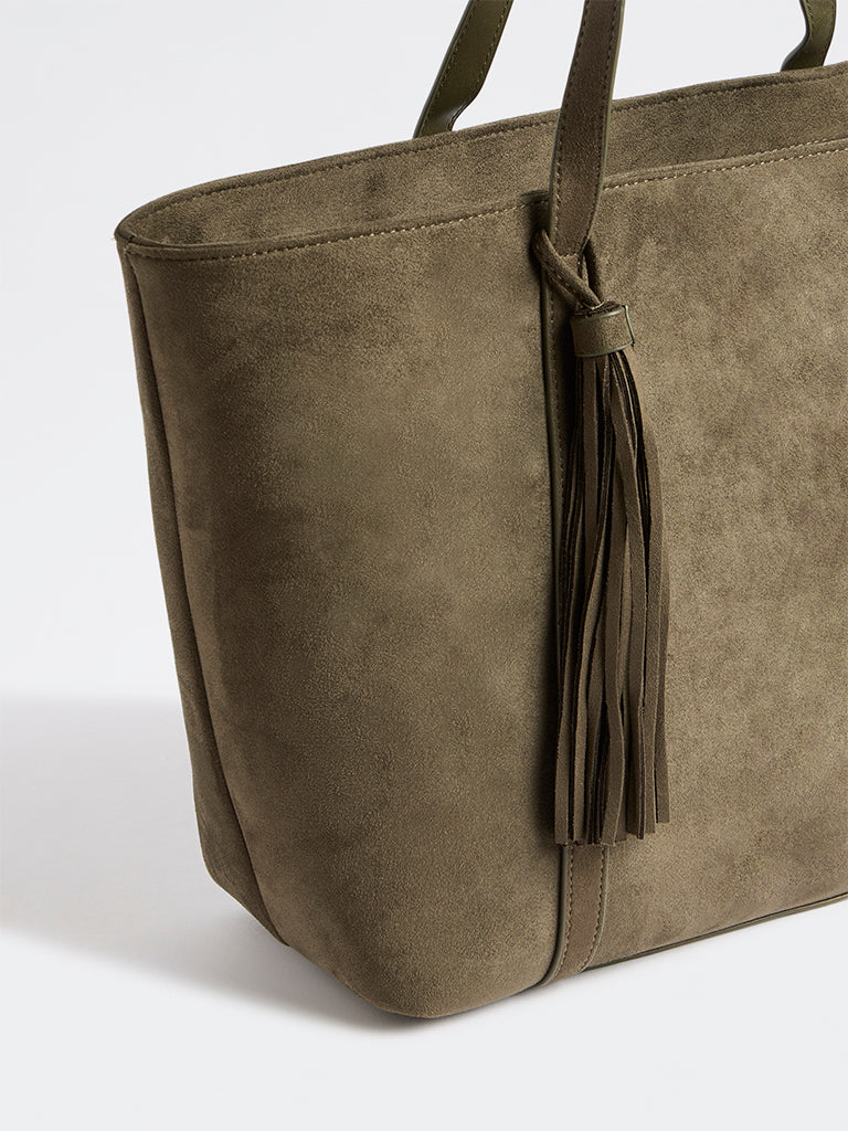 Westside Dark Olive Tassel-Detail Suede Work Tote Bag