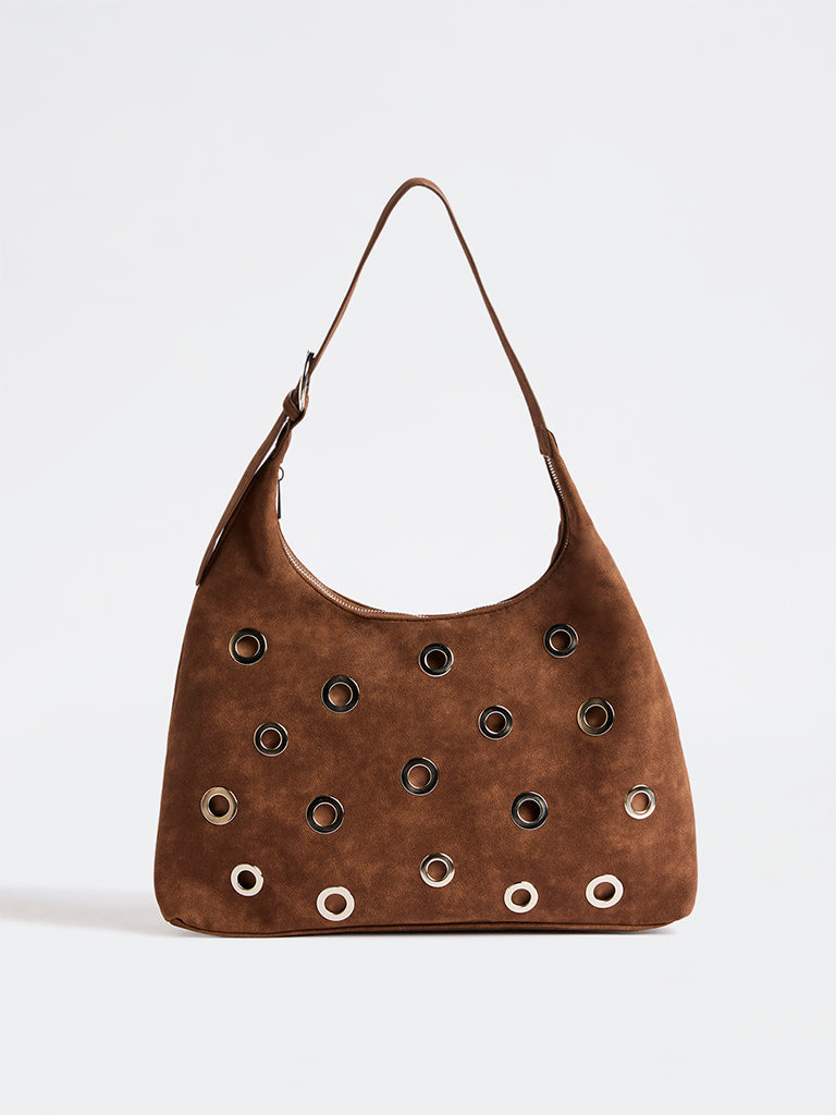 Westside Brown Eyelet-Detail Suede Shoulder Bag