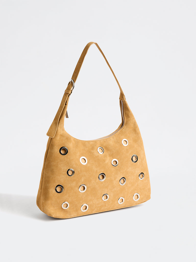 Westside Light Mustard Eyelet-Detail Suede Shoulder Bag