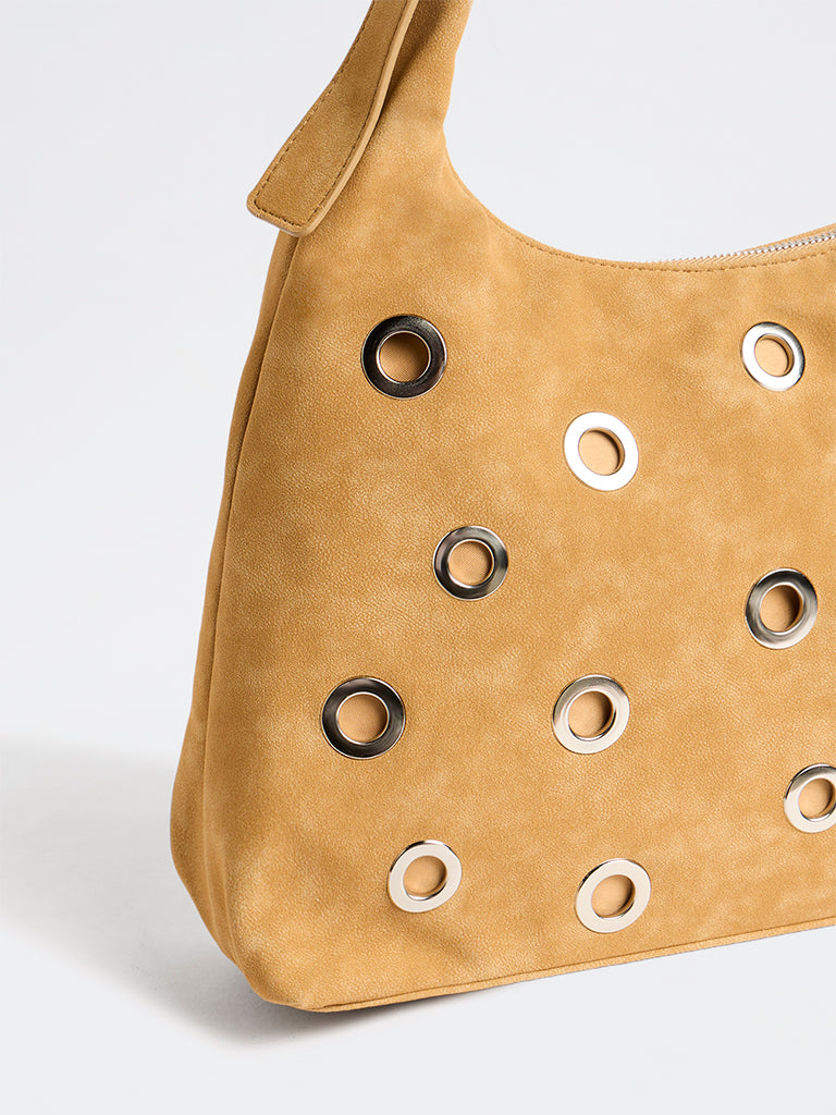 Westside Light Mustard Eyelet-Detail Suede Shoulder Bag