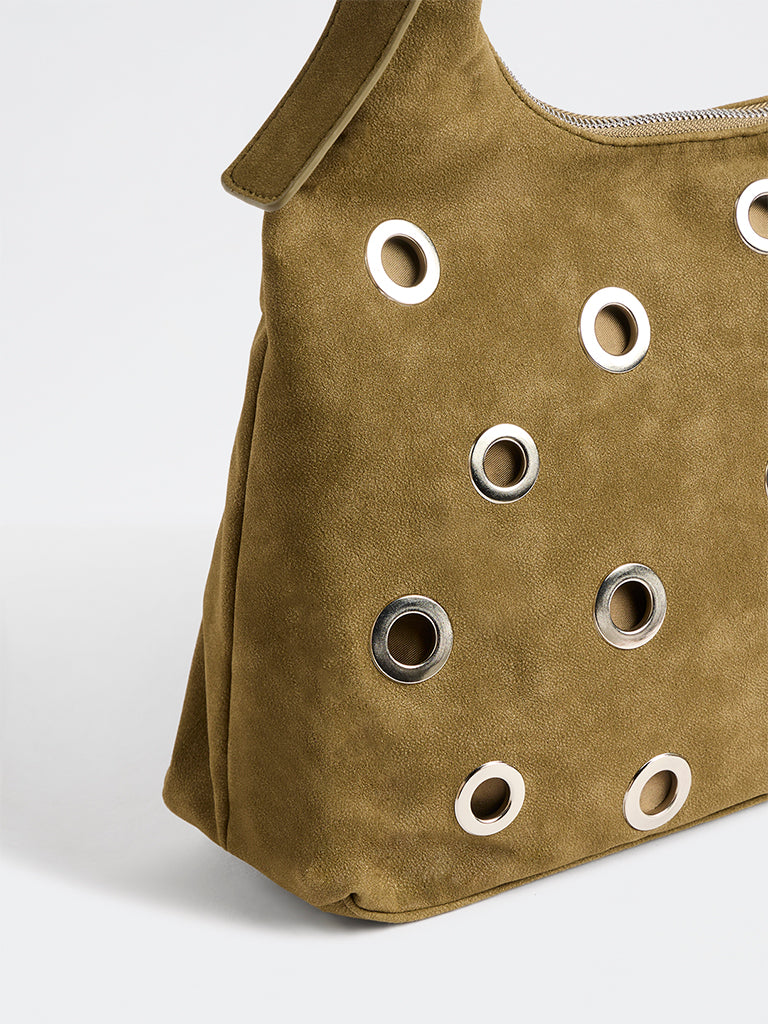 Westside Olive Eyelet-Detail Suede Shoulder Bag