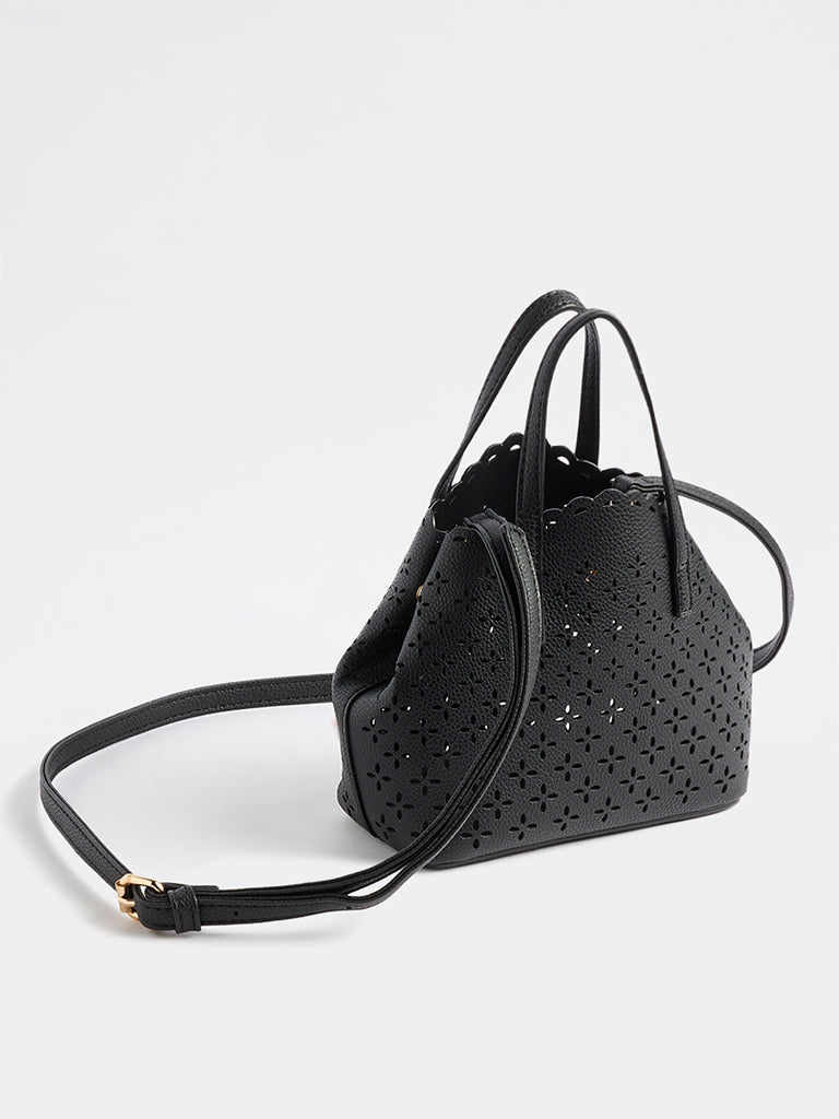 Westside Black Floral Laser-Cut Crossbody Sling Bag