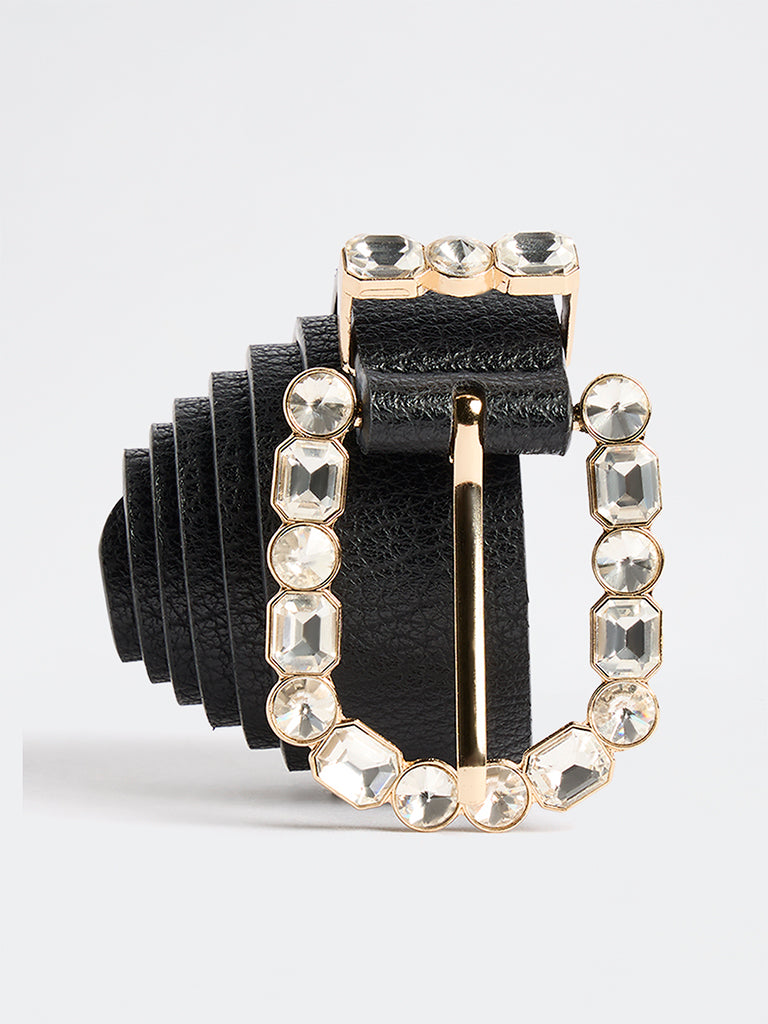 Westside Accessories Black Textured Stone-Detailed U-Buckle Belt