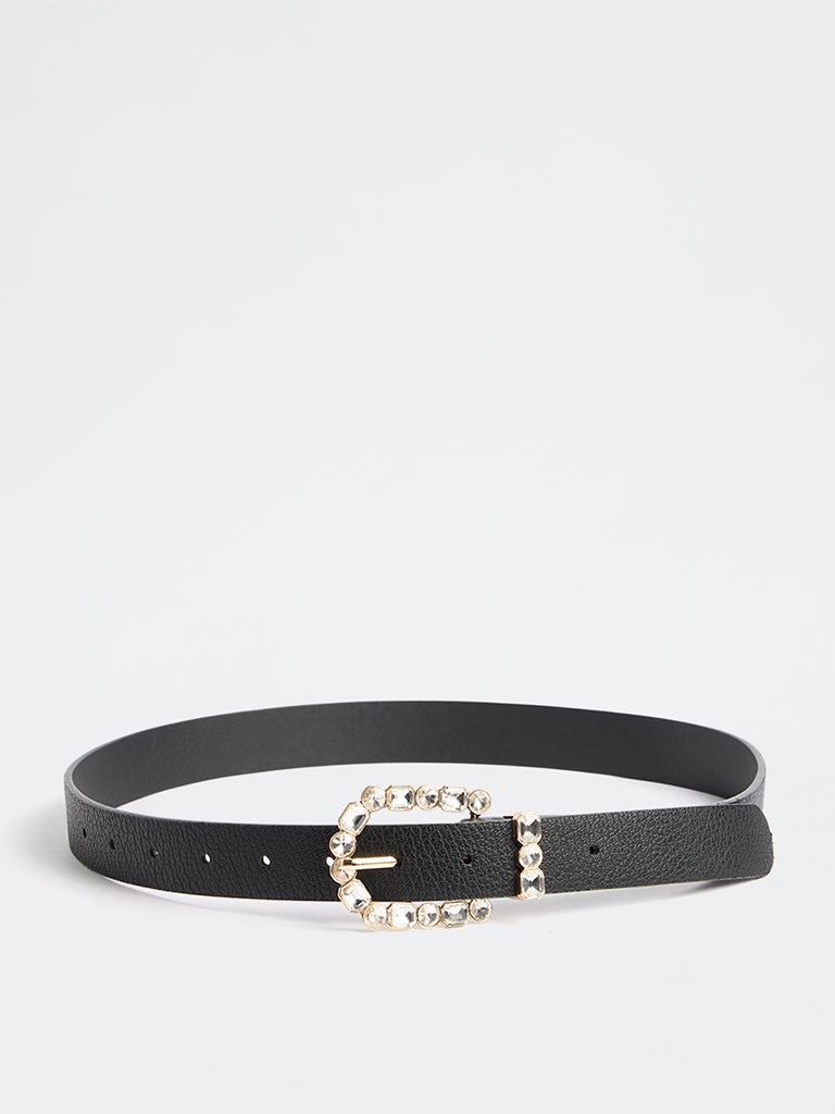 Westside Accessories Black Textured Stone-Detailed U-Buckle Belt