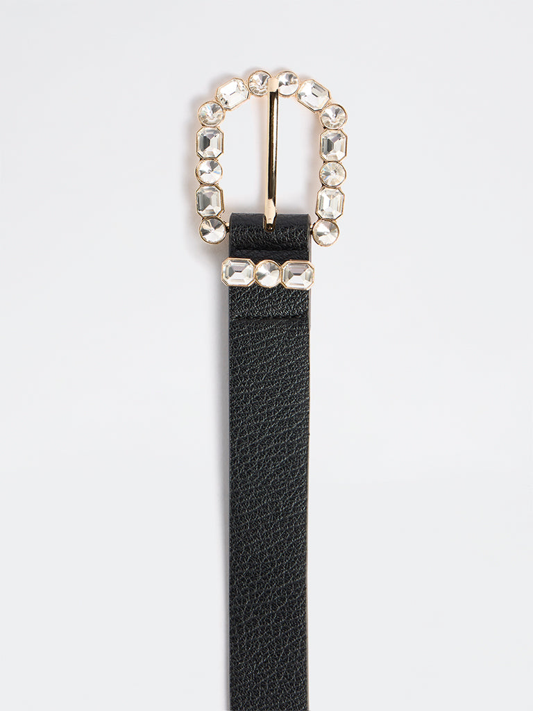 Westside Accessories Black Textured Stone-Detailed U-Buckle Belt