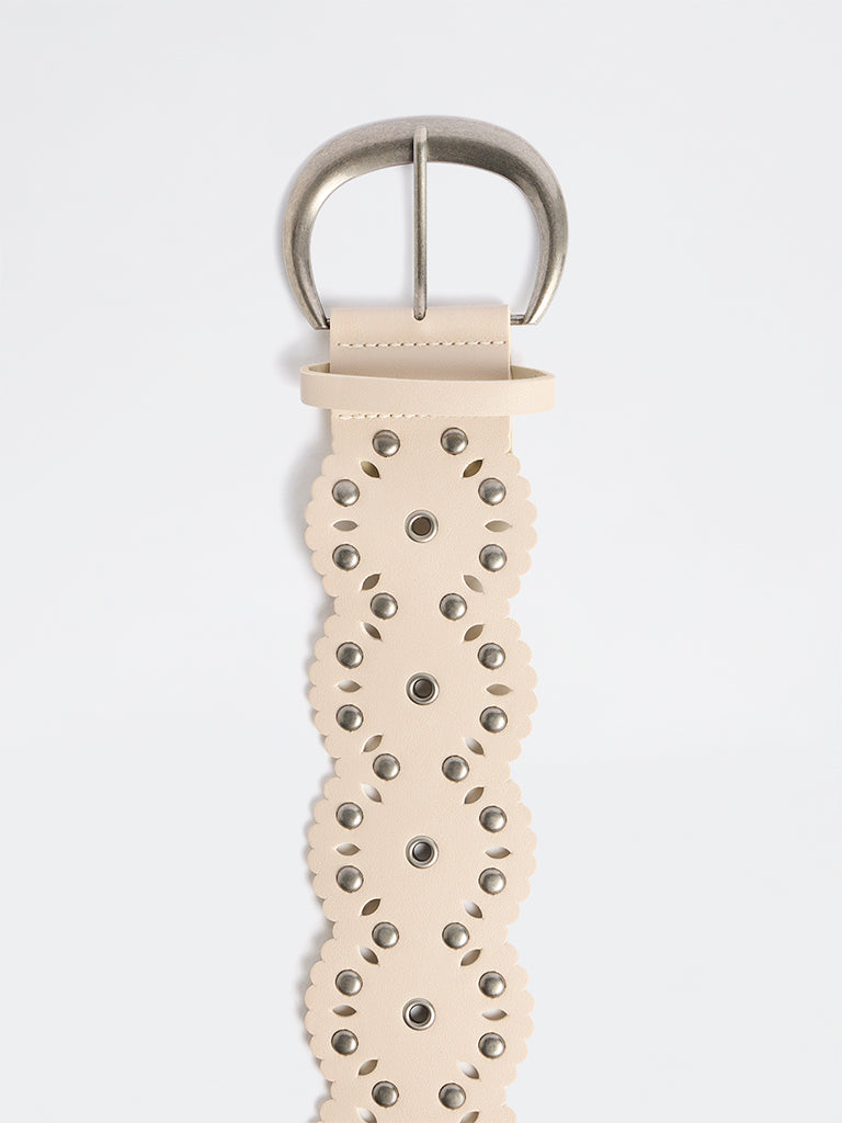 Westside Accessories Light Beige Studded Wide C-Buckle Belt