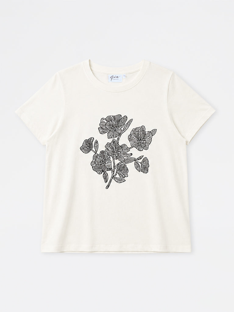 Gia Off-White Floral Printed Cotton T-Shirt