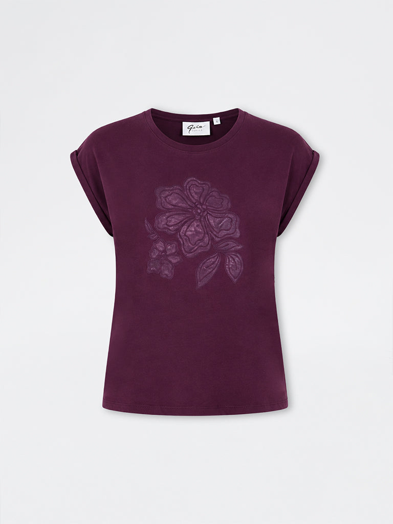 Gia Plum Floral Embroidered Cotton T-Shirt