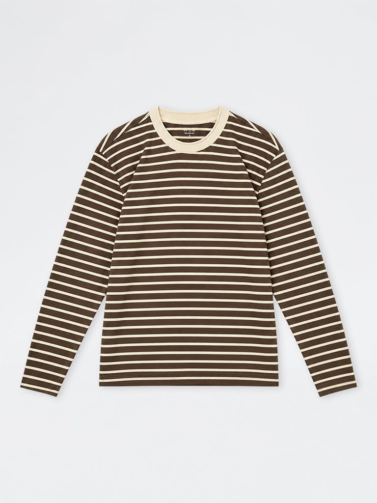 WES Casuals Dark Brown Striped Relaxed-Fit Cotton T-Shirt