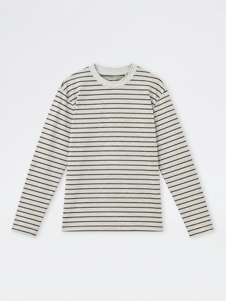 WES Casuals Grey Striped Relaxed-Fit Cotton-Blend T-Shirt