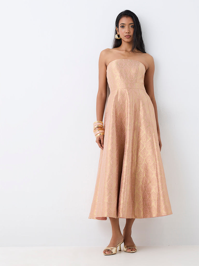 Vark Dusty Pink Brocade Tube Dress with Straps