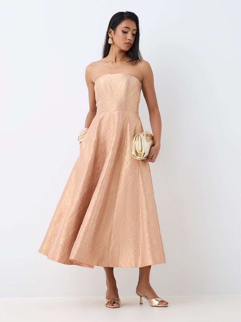 Vark Dusty Pink Brocade Tube Dress with Straps