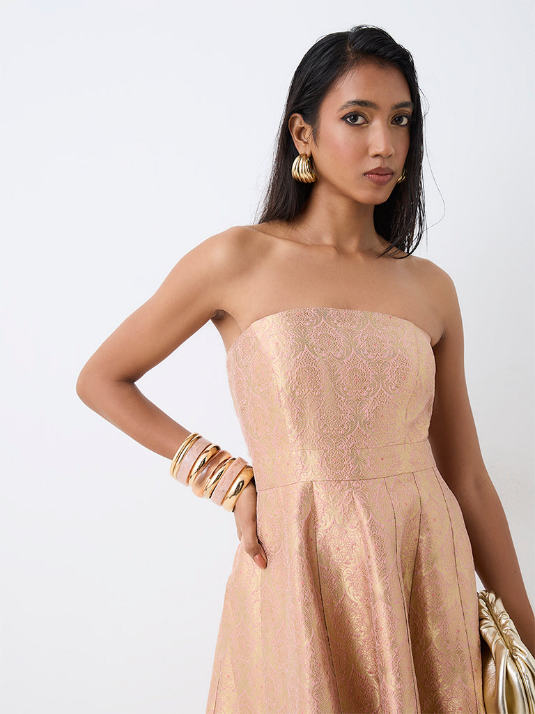 Vark Dusty Pink Brocade Tube Dress with Straps