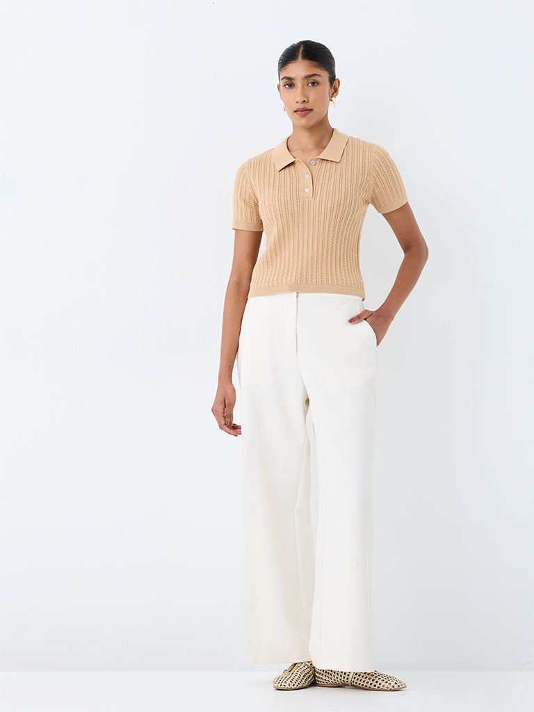 Wardrobe Beige Cable Knit Polo T-Shirt