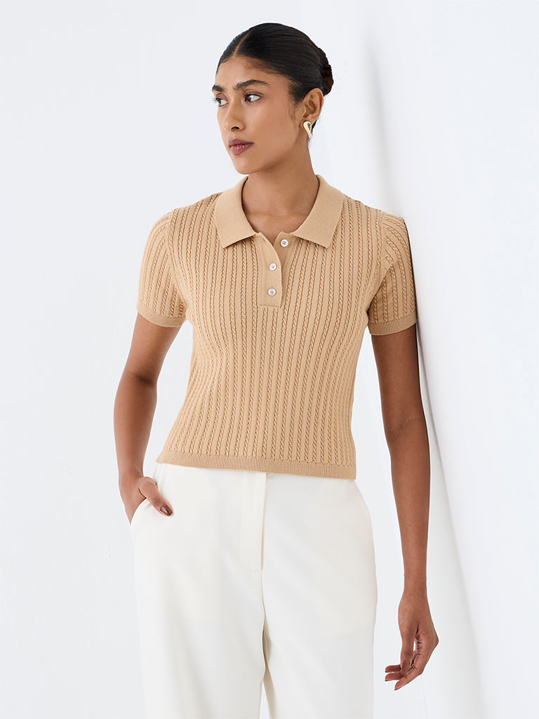 Wardrobe Beige Cable Knit Polo T-Shirt