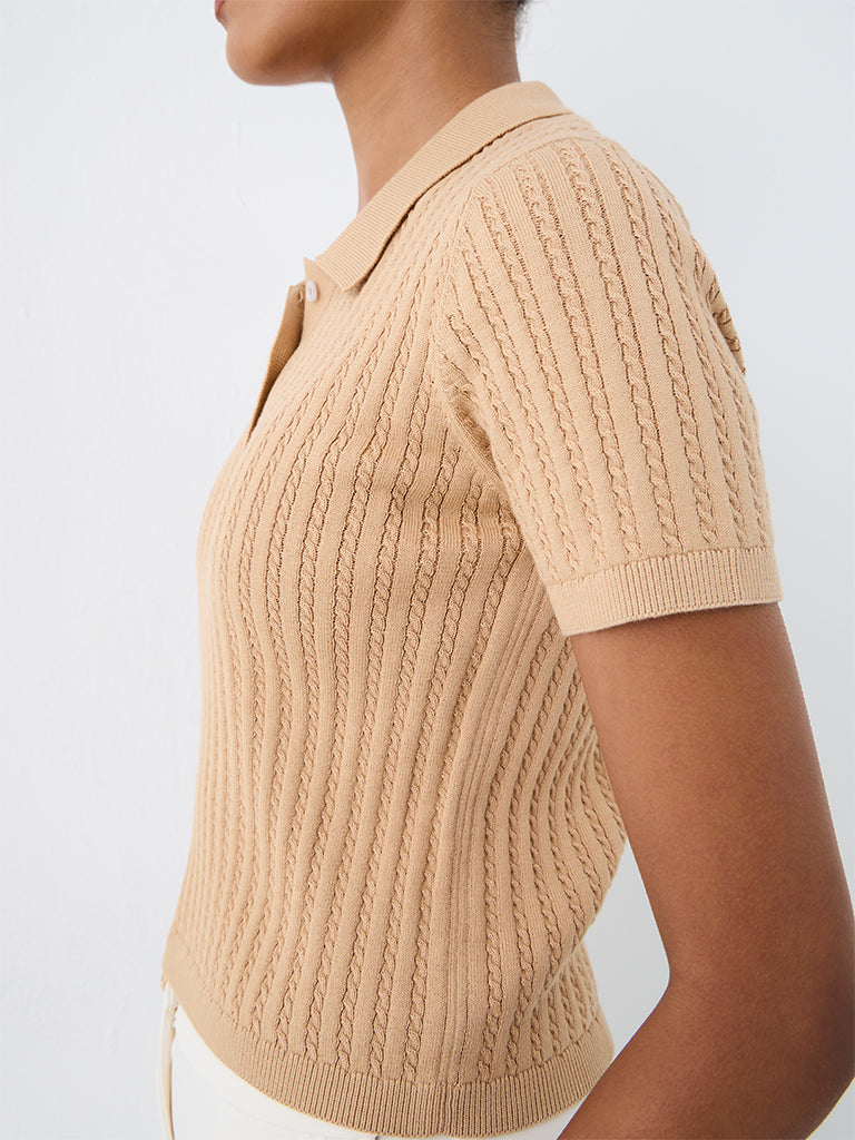 Wardrobe Beige Cable Knit Polo T-Shirt