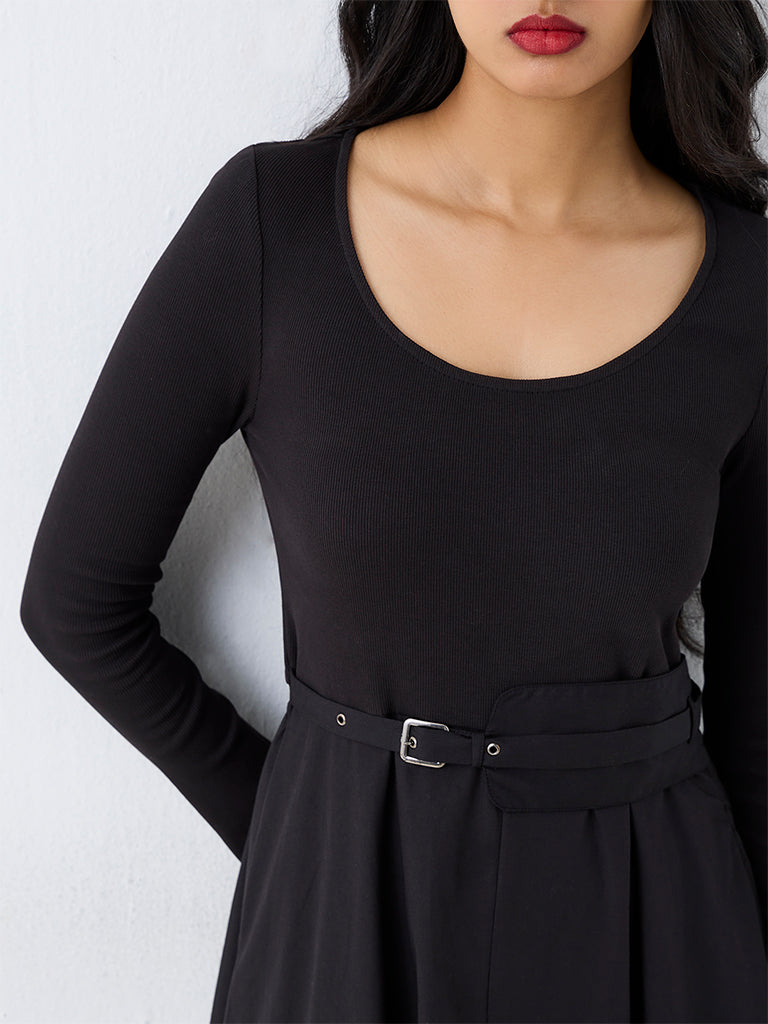 LOV Black Belt-Detail Cotton-Blend Bubble Dress