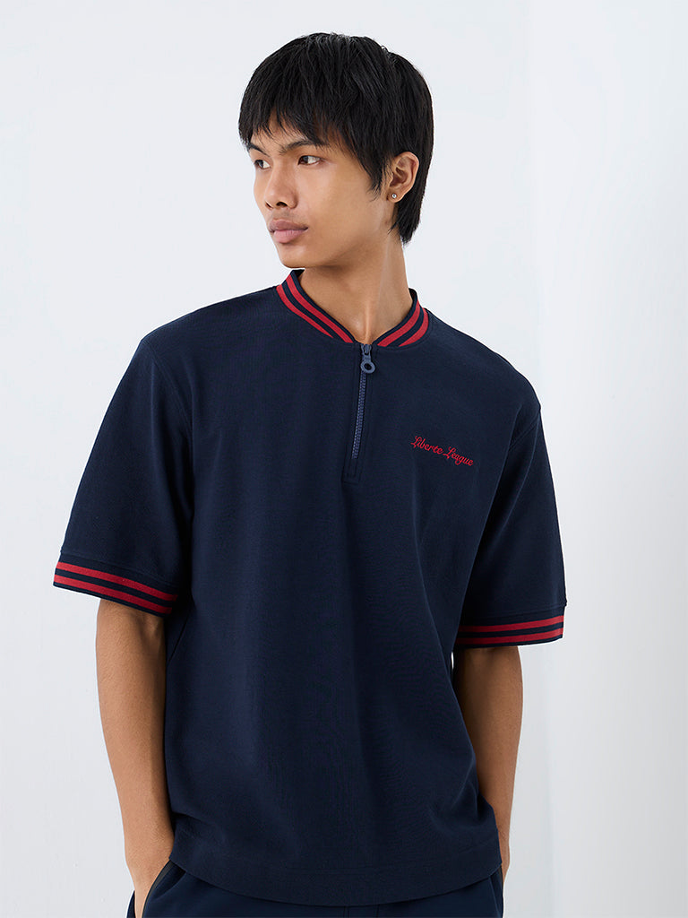 Nuoflexx Navy Text-Design Quarter-Zip Relaxed-Fit T-Shirt