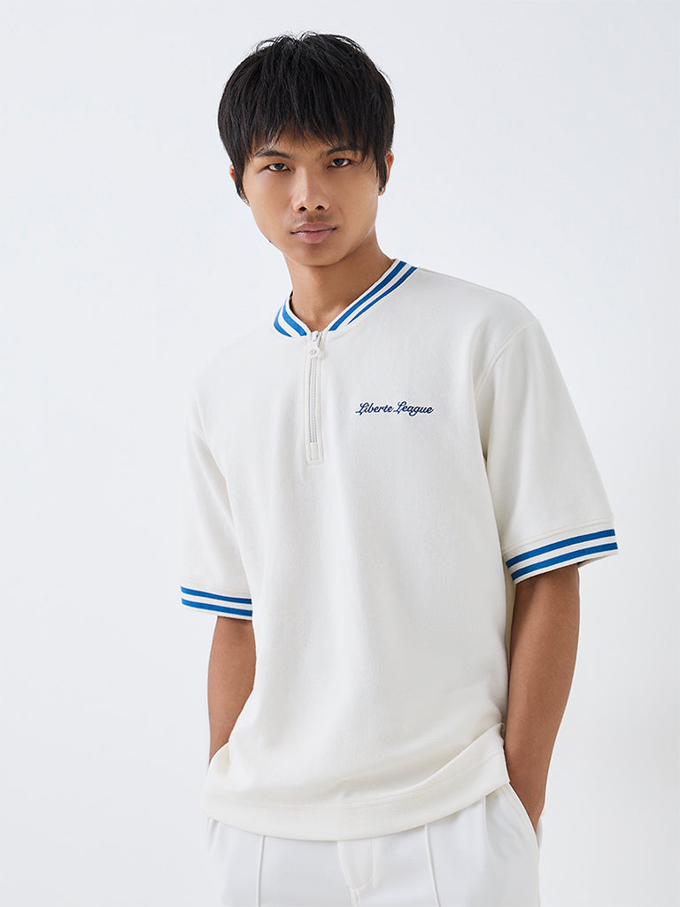 Nuoflexx Off-White Text-Design Quarter-Zip Relaxed-Fit Cotton-Blend T-Shirt