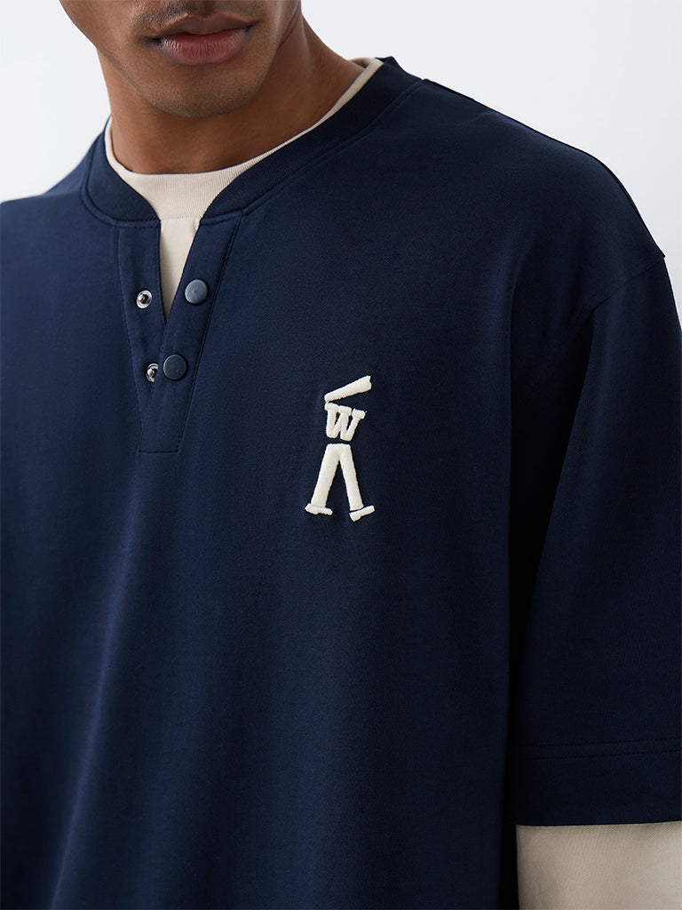 Nuoflexx Navy Typographic Relaxed-Fit Cotton-Blend T-Shirt