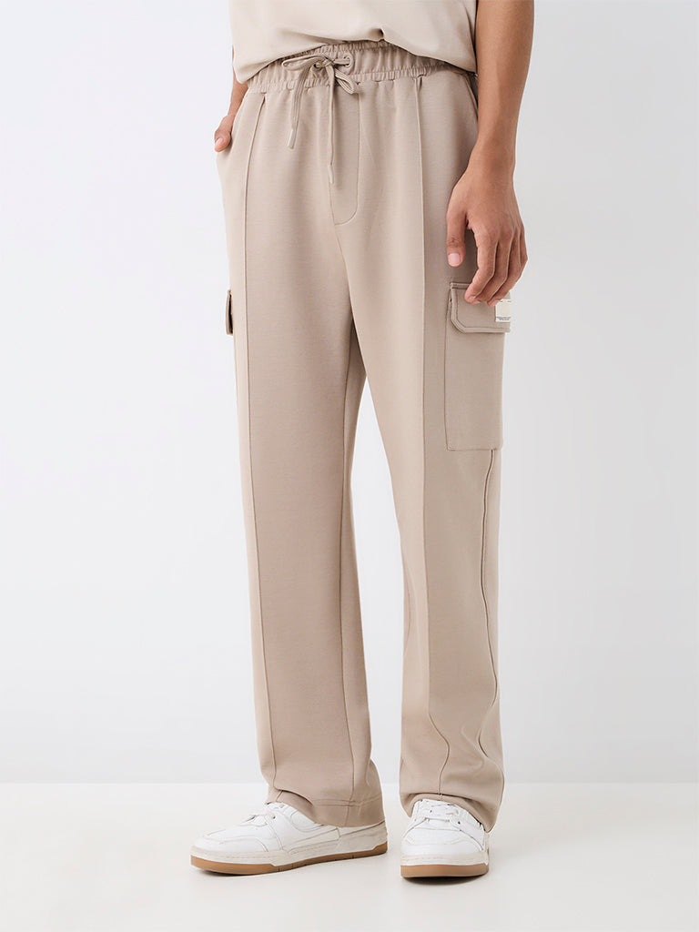 Nuoflexx Light Taupe Cargo-Style Relaxed-Fit Mid-Rise Track Pants