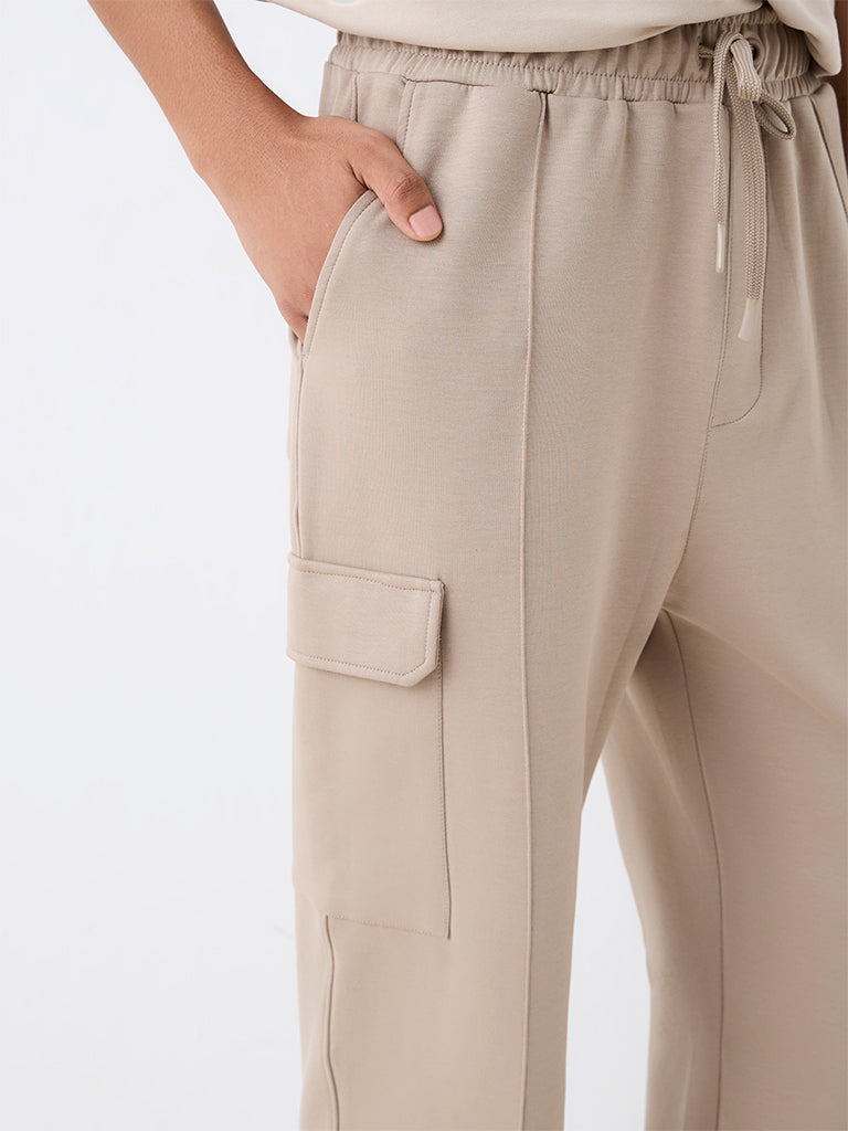 Nuoflexx Light Taupe Cargo-Style Relaxed-Fit Mid-Rise Track Pants