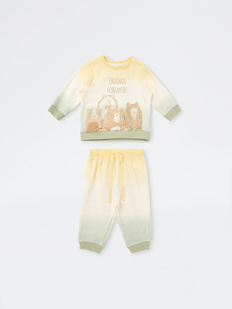 HOP Baby Boys Yellow Animal Applique Cotton Sweatshirt and Joggers Set