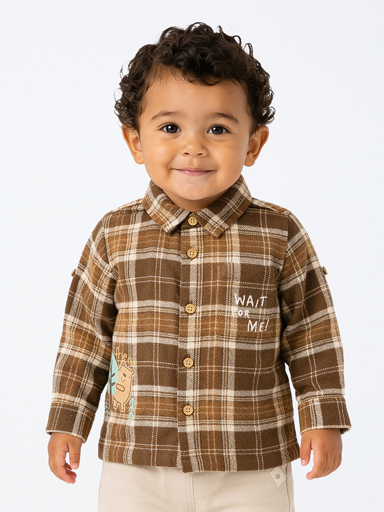 HOP Baby Boys Brown Checkered Cotton Shirt
