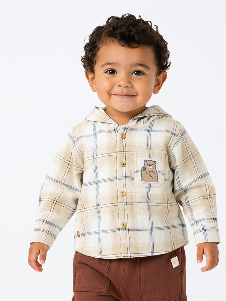 HOP Baby Boys Beige Checkered Cotton Hooded Shirt