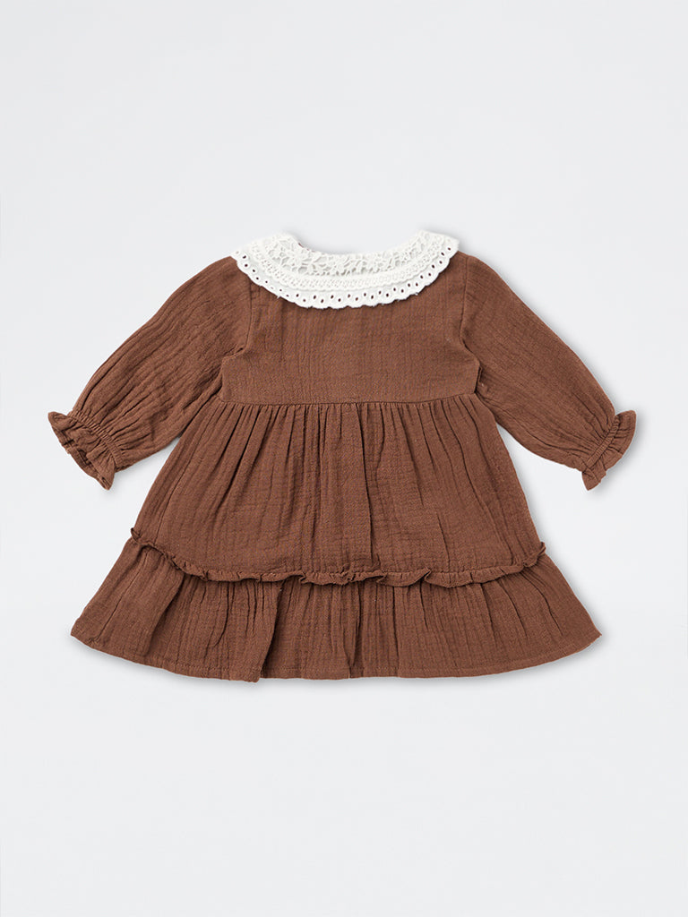 HOP Baby Girls Dark Brown Butterfly-Detail A-Line Cotton Dress