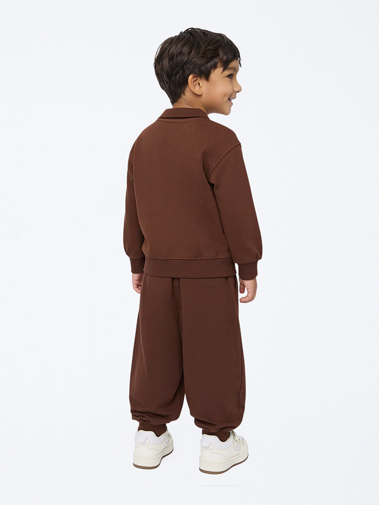 HOP Kids Boys Dark Brown Text Embroidered Cotton Sweatshirt and Joggers Set