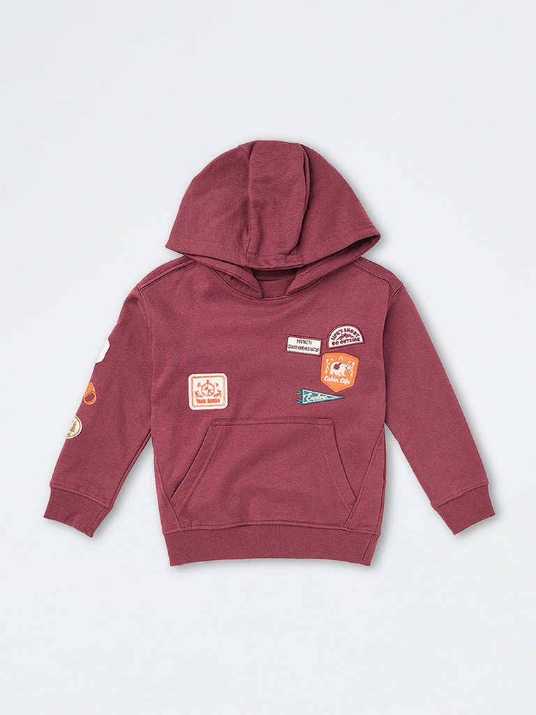 HOP Kids Boys Burgundy Patch-Detail Cotton Hooded Sweatshirt
