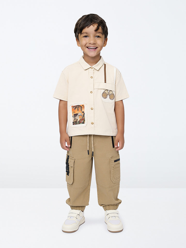 HOP Kids Boys Cream Safari-Theme Cotton Shirt
