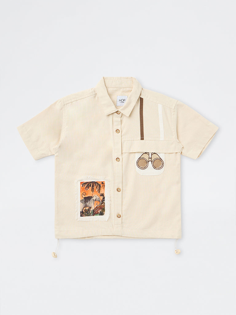 HOP Kids Boys Cream Safari-Theme Cotton Shirt