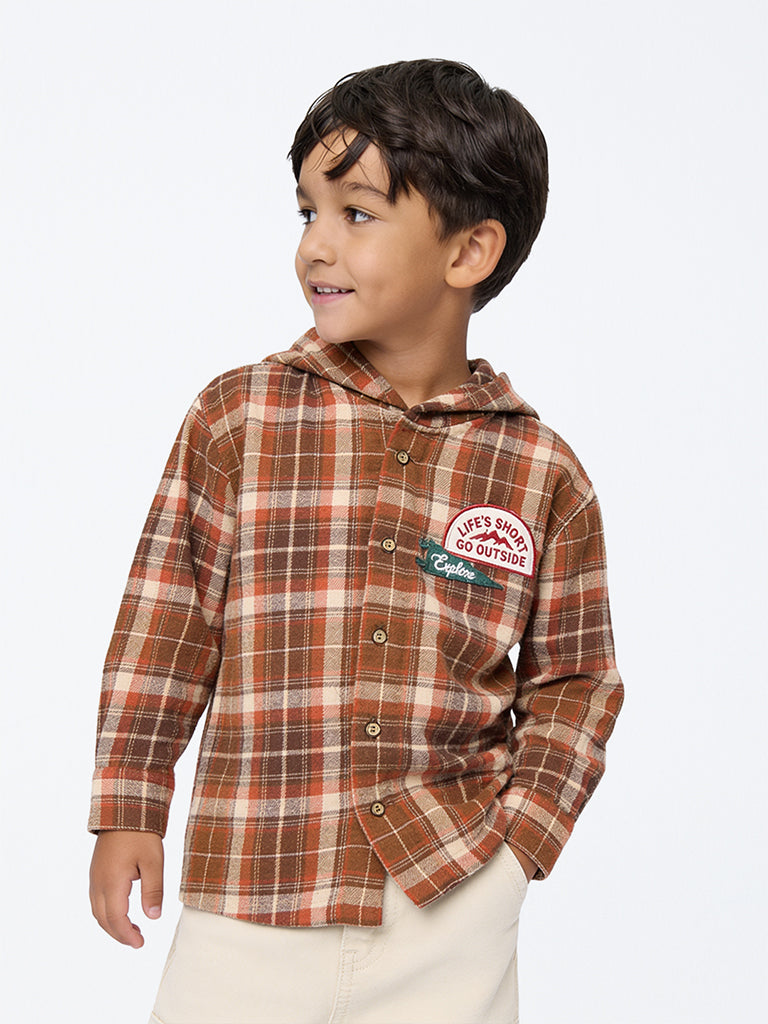 HOP Kids Boys Brown Checkered Hooded Cotton Shirt