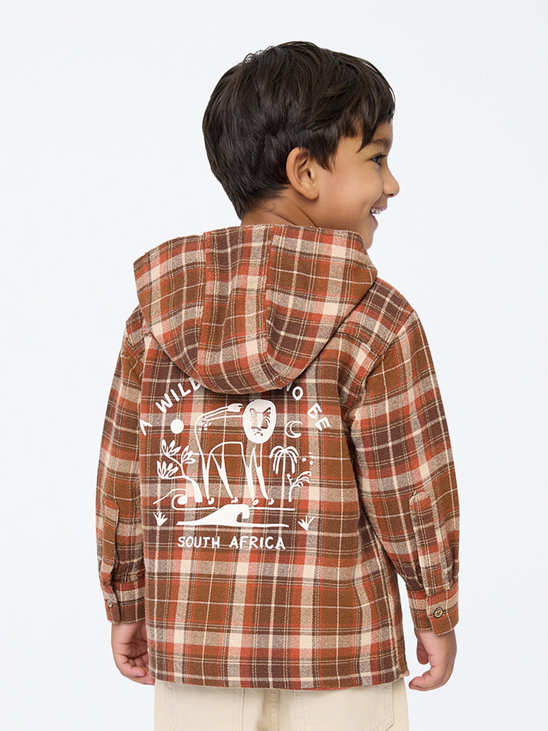 HOP Kids Boys Brown Checkered Hooded Cotton Shirt