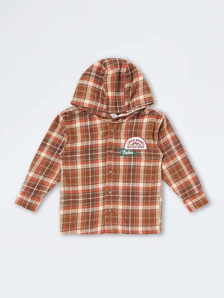 HOP Kids Boys Brown Checkered Hooded Cotton Shirt