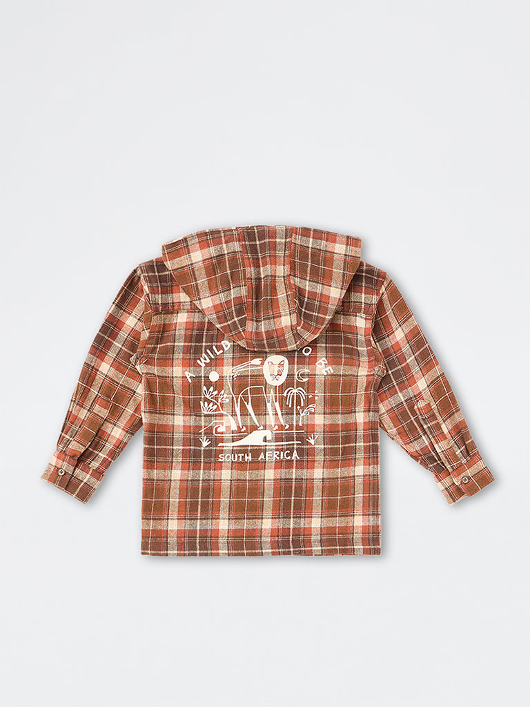 HOP Kids Boys Brown Checkered Hooded Cotton Shirt