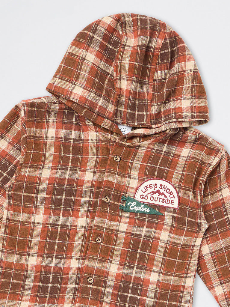 HOP Kids Boys Brown Checkered Hooded Cotton Shirt