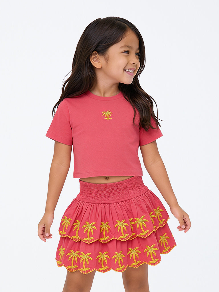 HOP Kids Girls Coral Tropical-Inspired Cotton T-Shirt with Skirt Set
