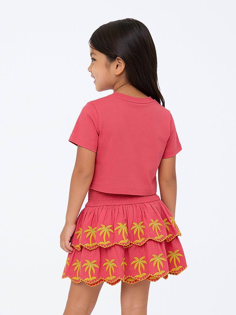 HOP Kids Girls Coral Tropical-Inspired Cotton T-Shirt with Skirt Set