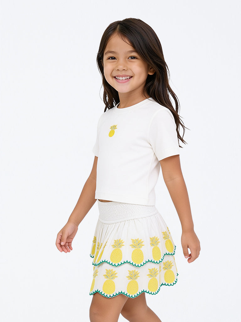 HOP Kids Girls White Pineapple Embroidered Cotton T-Shirt and Skirt Set