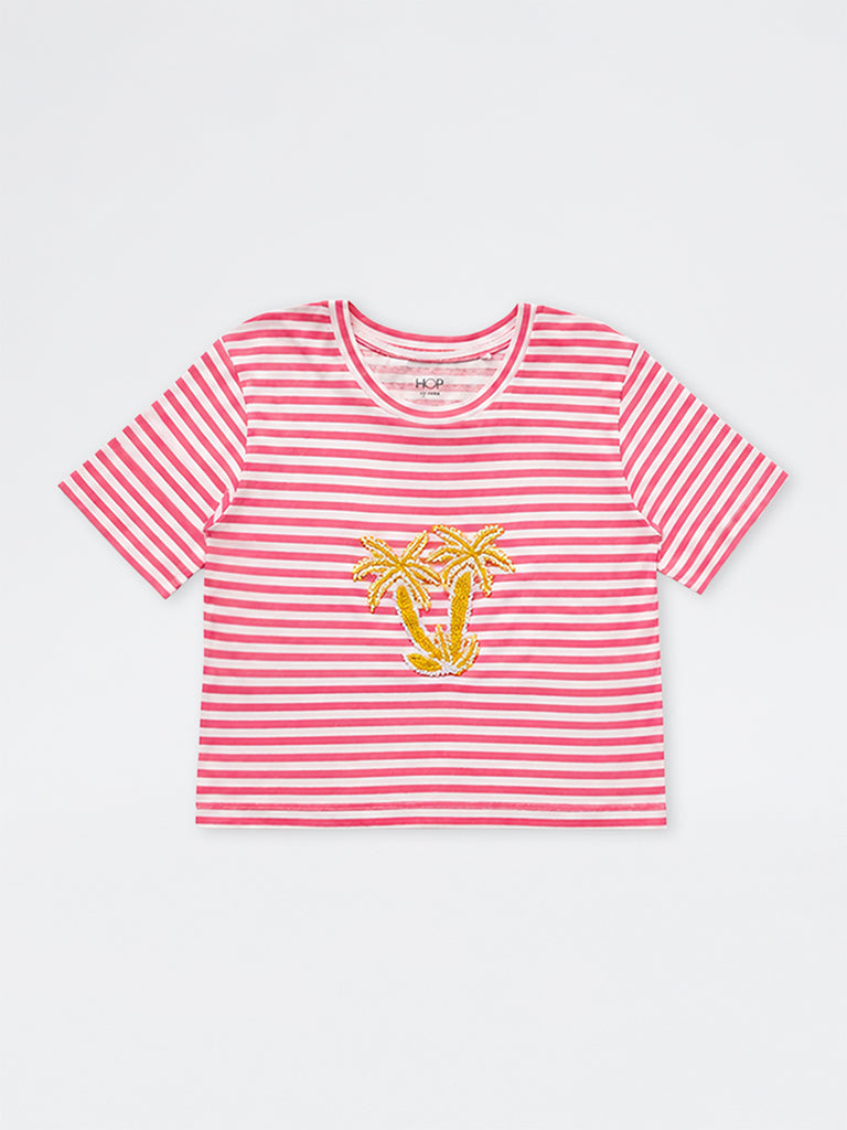 HOP Kids Girls Pink Striped Cotton T-Shirt