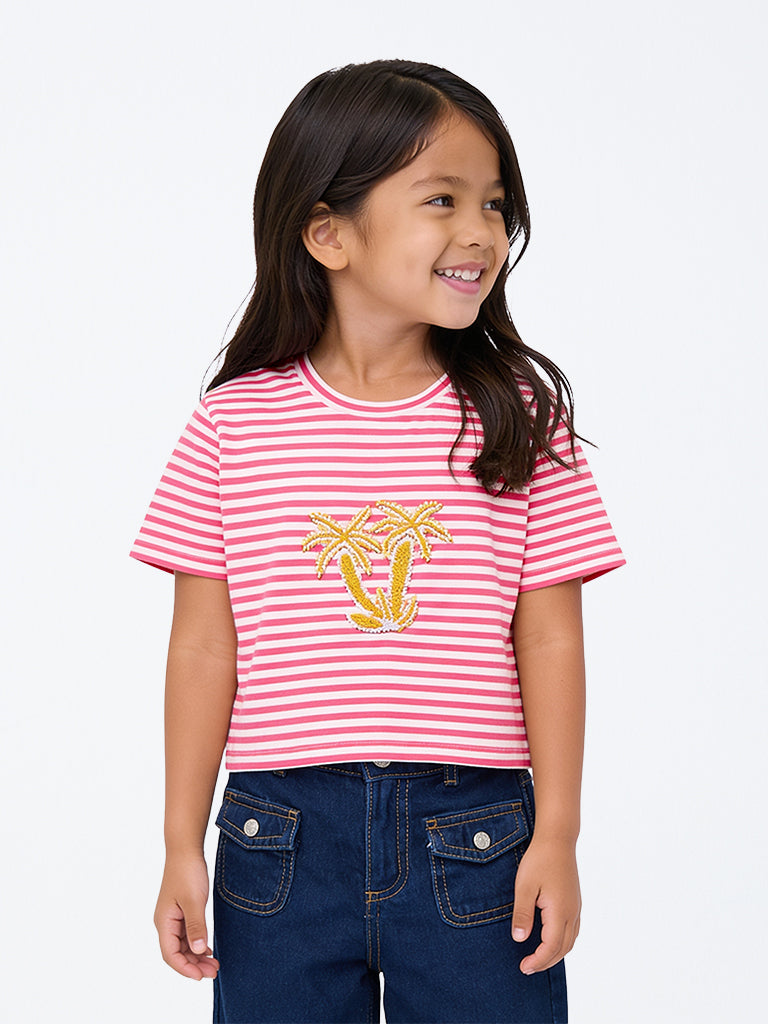 HOP Kids Girls Pink Striped Cotton T-Shirt